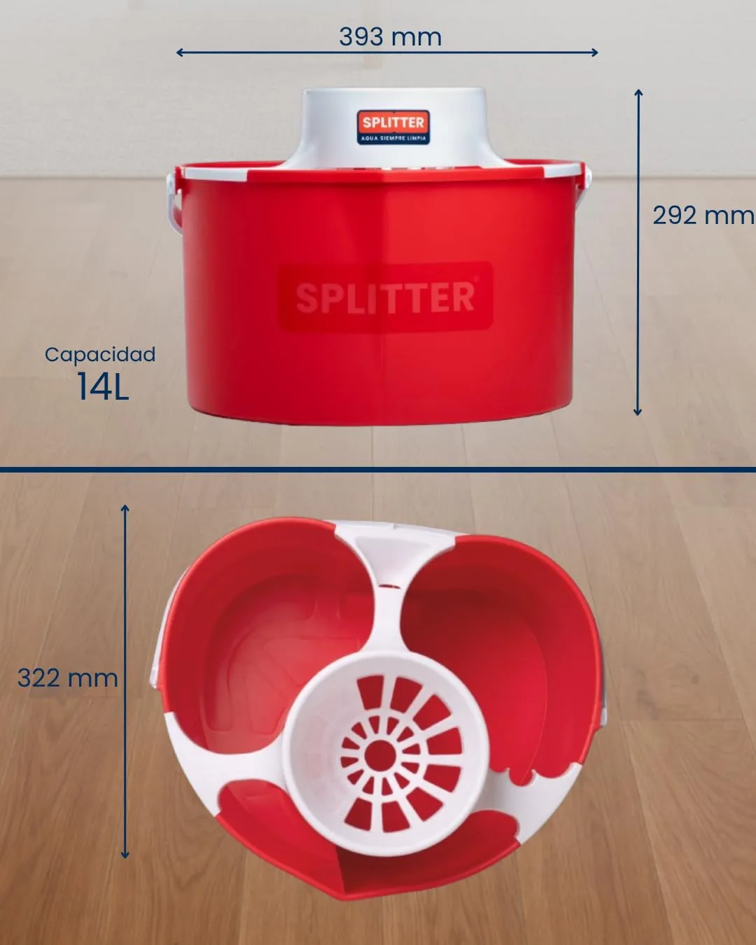 Medidas del cubo Splitter: 393 × 292 × 322 mm, capacidad 14 L