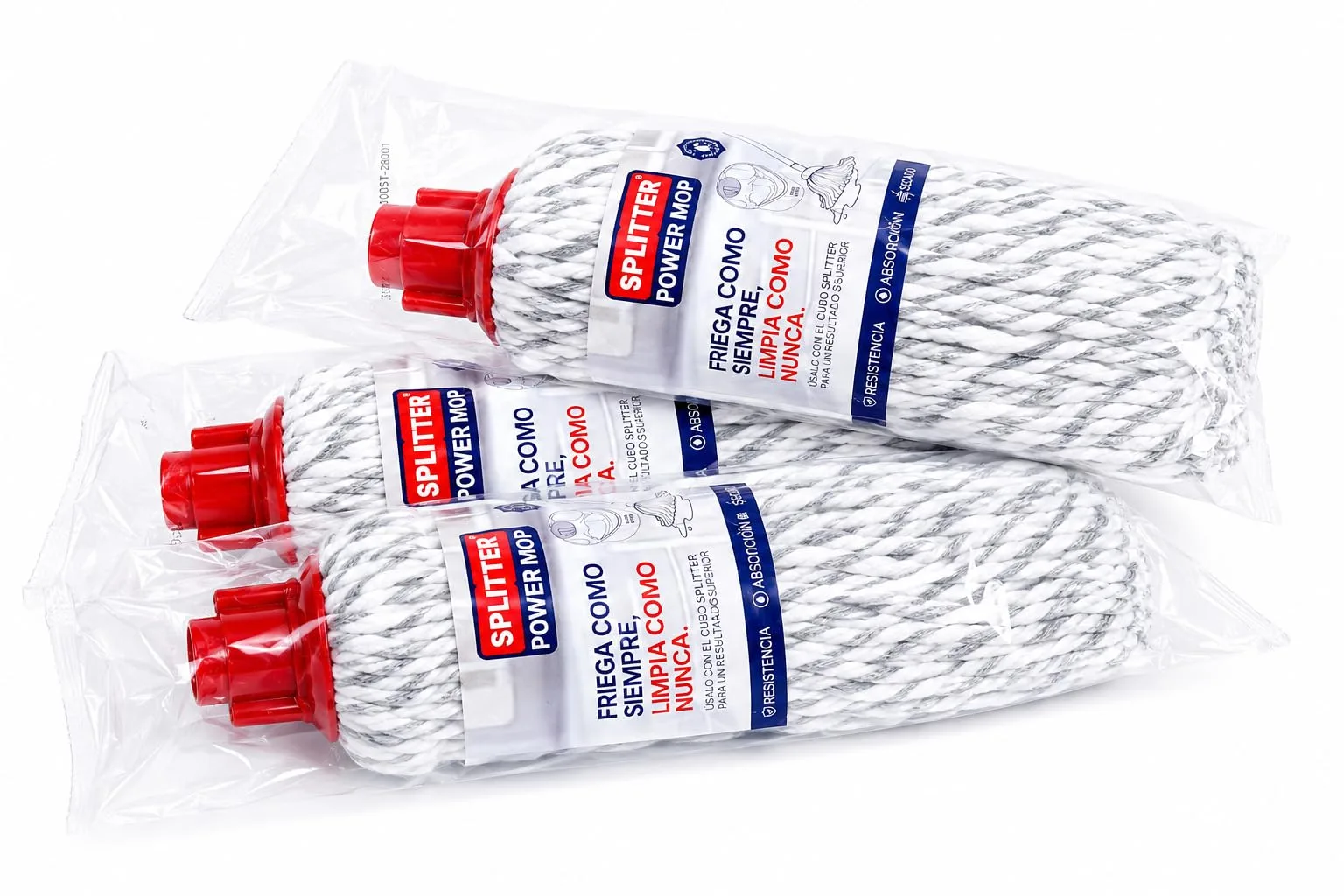Tres fregonas de recambio Splitter Power Mop en su envase